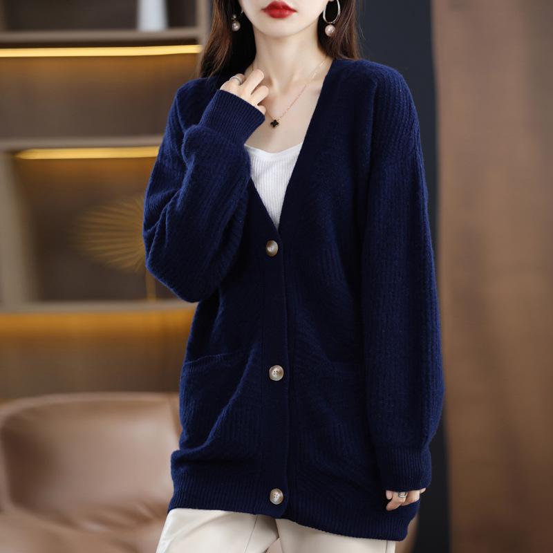 Autumn 2023 Women's Mid-Length Thick Wool Knit Cardigan Sweater Coat