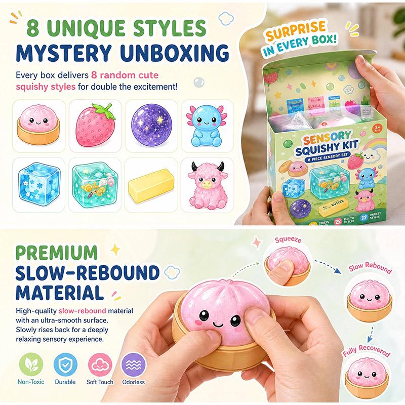 8-Piece Mystery Box Set Slow-Rising Stress Relief Fidget Sensory Squishy Bundle with 8 Unique Styles for Stress Relief Gift