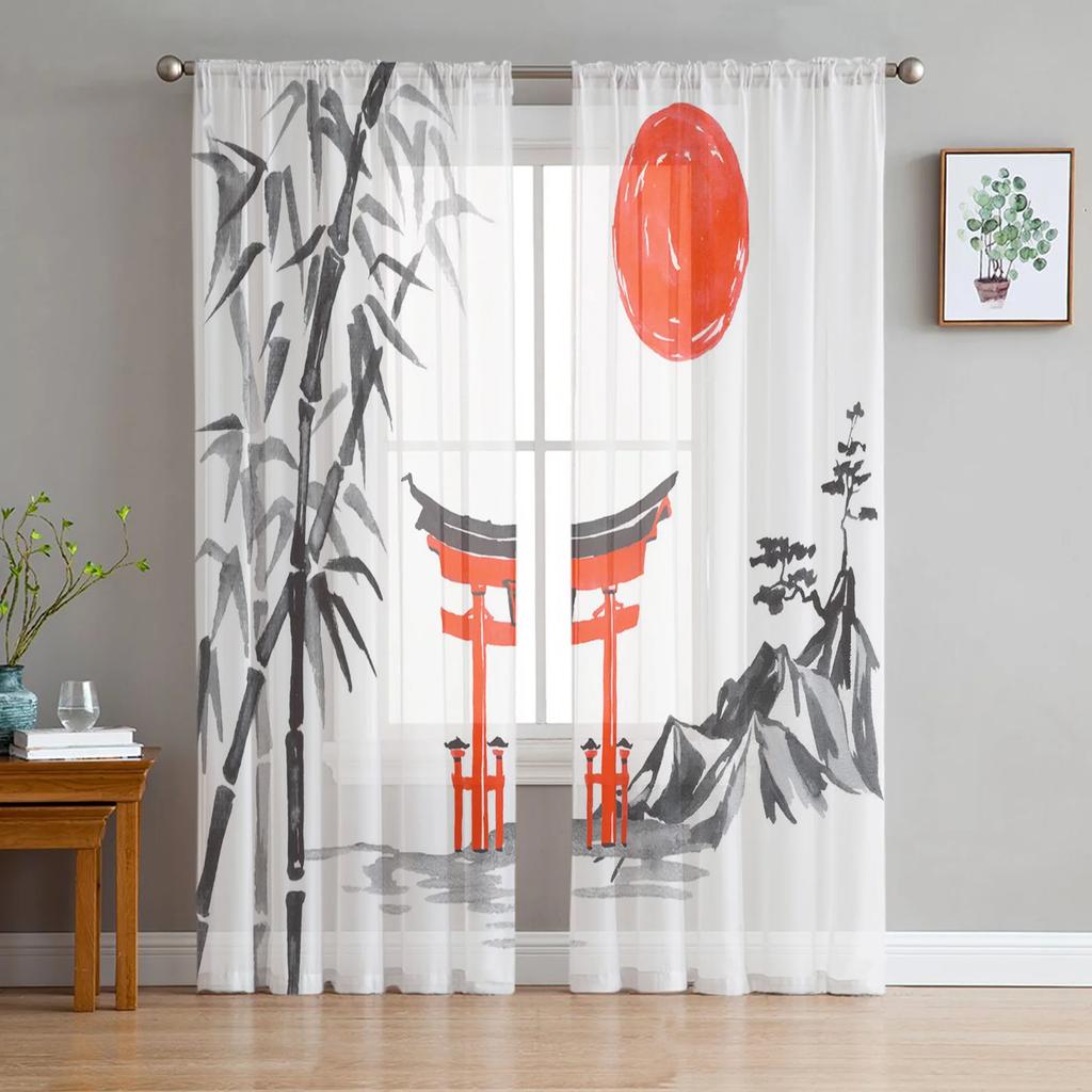 Landscape Ink Painting Tulle Window Curtains Living Room Organza Yarn Sheer Voile Curtain Bedroom Kitchen Home Decor Drape