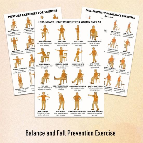 3Pcs Tai Chi Workout Posters Seated Exercise Chart with 16 Gentle Chair Yoga Movements Tai Chi Instructions for Beginners Seniors