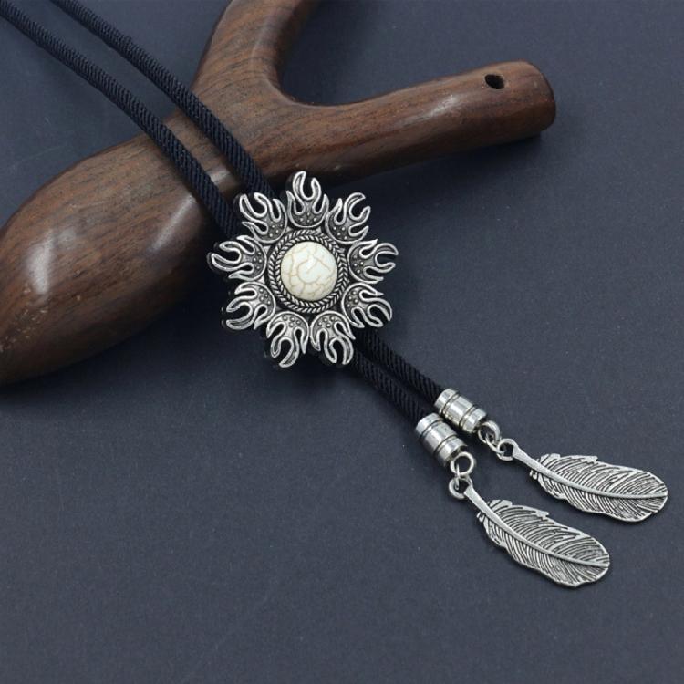 Unisex Western Cowboy Bolo Tie Vintage Sun Turquoises Stone Pendant Jewelry Braided Rope Necktie Metal Feather Necklace