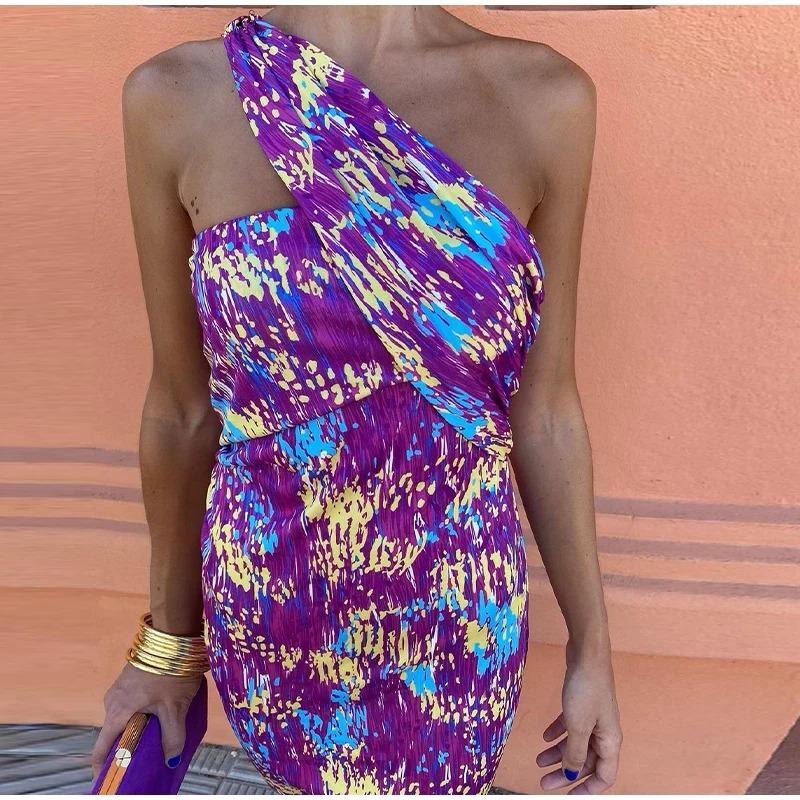 Summer Sexy Print One Shoulder Dress Women Elegant Retro Backless High Street Dresses Female Fashion Chic Slim Sleeveless Party Clothes