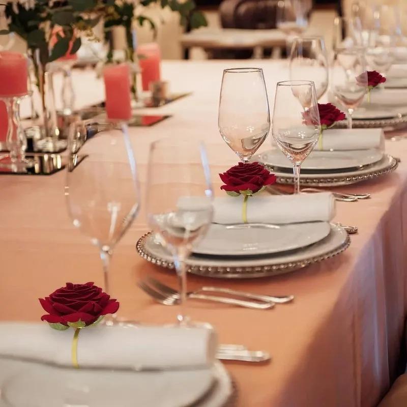 Rose Gold Napkin Rings 96Pcs Red Flower Wedding Decor Valentine Christmas Birthday Banquet Tableware Holder Set