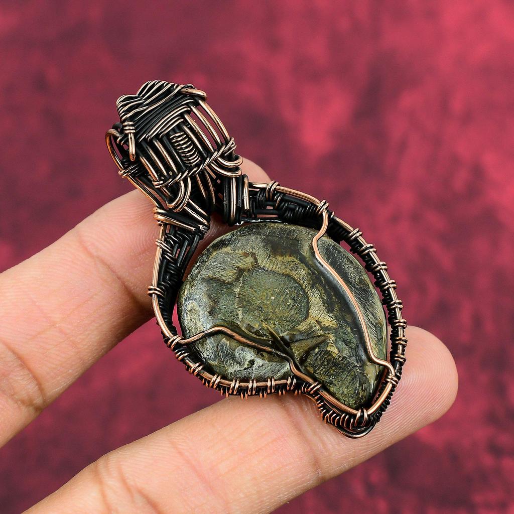 Ammonite Fossil Pendant Copper Wire Wrapped Pendant Rainbow Moonstone Pendant Gemstone Copper Wire Jewelry Anniversary Gift Handmade Pendant