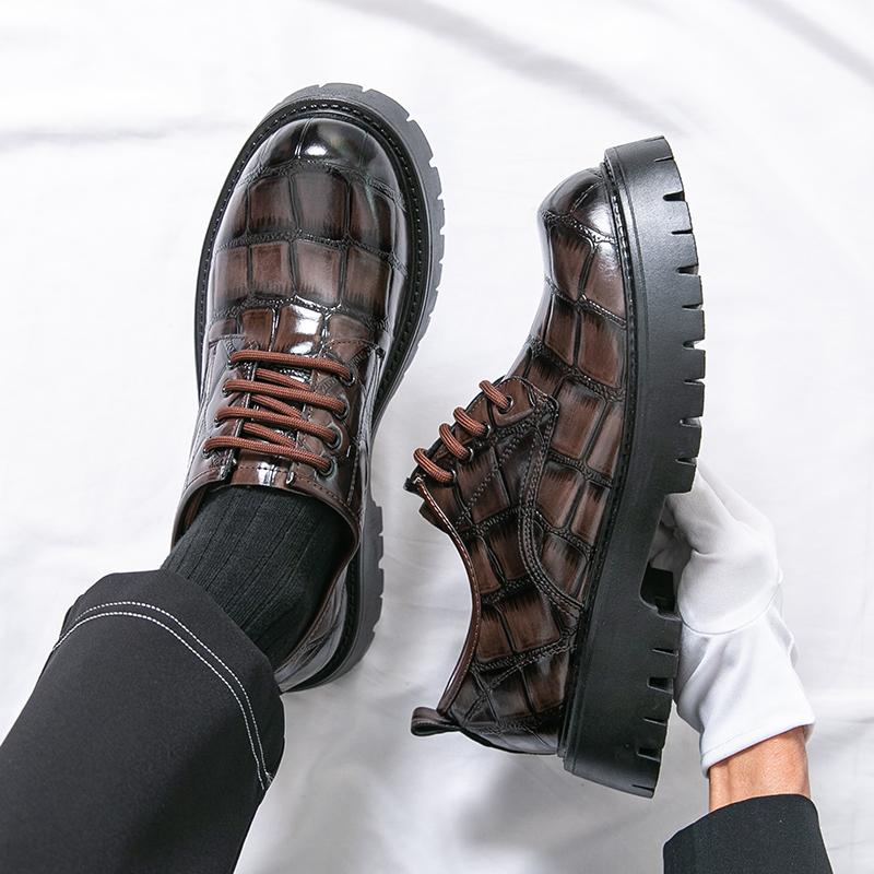 Fashion Fashion Brand Men's Crocodile Leather Comfortable Thick Soled Derby Shoes Spring Men Retro Lace Up Business Casual Leather Shoes