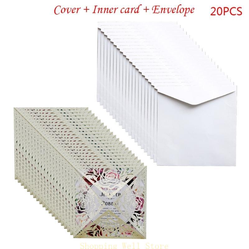 KX4B 20pcs/set Wedding Invitations Cards Glitter Rose Flower Greeting Card Invite Envelopes Bridal Shower Supplies