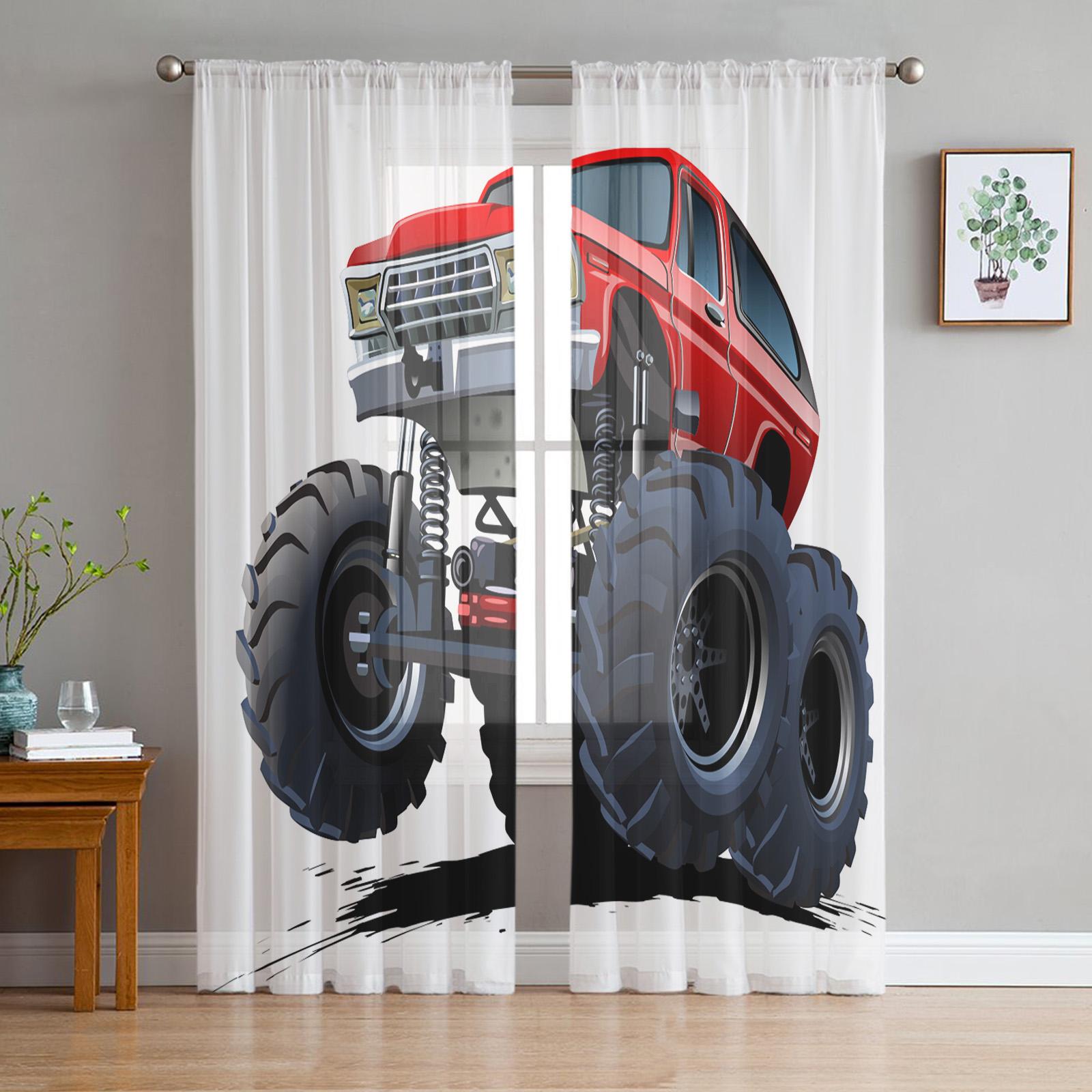 Cartoon-Feuerwehrauto Krankenwagen Polizeiauto Tüllvorhänge ideal für Wohnzimmerdekoration Chiffon Durchsichtiges Voile Küchenbereich Schlafzimmerbereich Vorhang 1 PCS W100XH250cm&Grommet Top