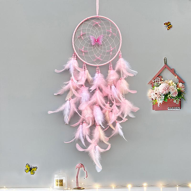 Łapacz Snów Elegancki Ręcznie Tkany Różowe Pióra Dzwonki Wiatrowe Wiszący na Ścianę Sypialnia Wiszące Ozdoby Urodzinowe Dekoracja Domu