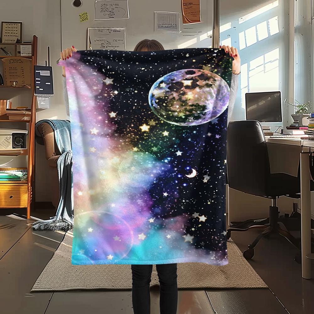 1Pc Galaxy Moon Print Flannel Blanket, High quality Comfortable for All Seasons, Home Decor, Warmth and Comfort, Perfect for Gifts