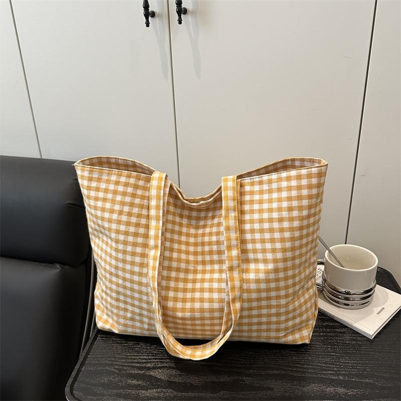 Canvas Bag Women's Summer New Casual Versatile Student Class Plaid Shoulder Bag Vacation Tote Bag