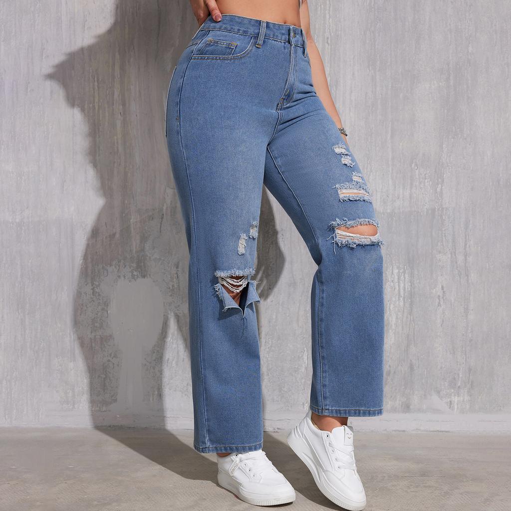 Women's High Waist Washed Women's Jeans Fashionable Versatile Straight Leg Pants