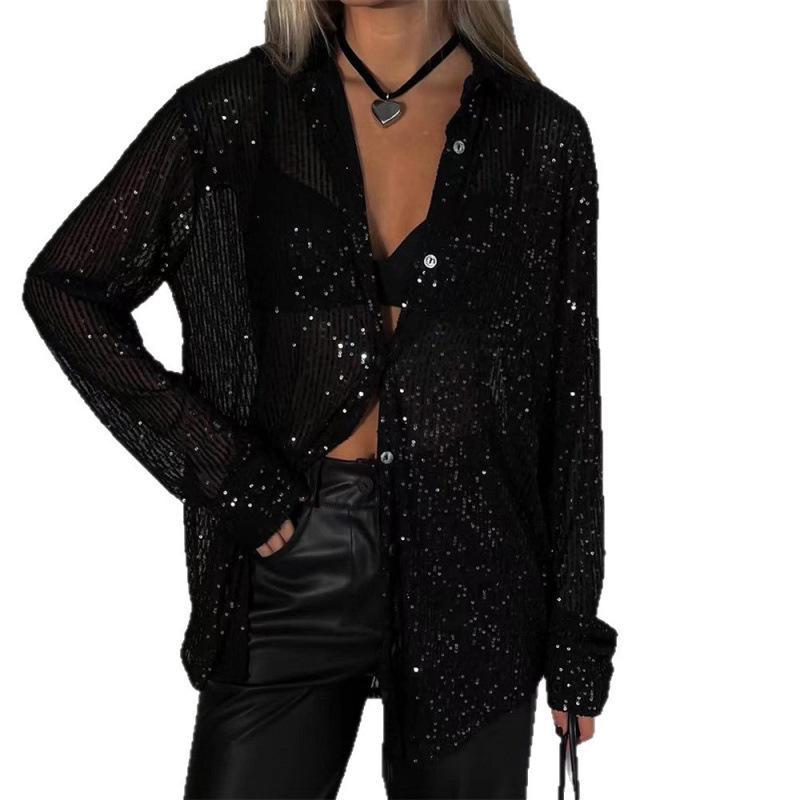 2026 Sexy Sequin Sparkle Lapel Single-Breasted Long Sleeve Women's Shirt