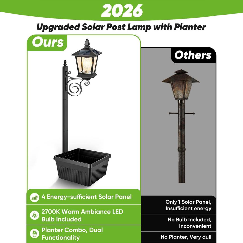 2 in 1 Solar Flower Pot Light 2-in-1 Outdoor Planter Floor Lamp Warm White Waterproof IP54 Iron Lantern for Garden Patio Porch