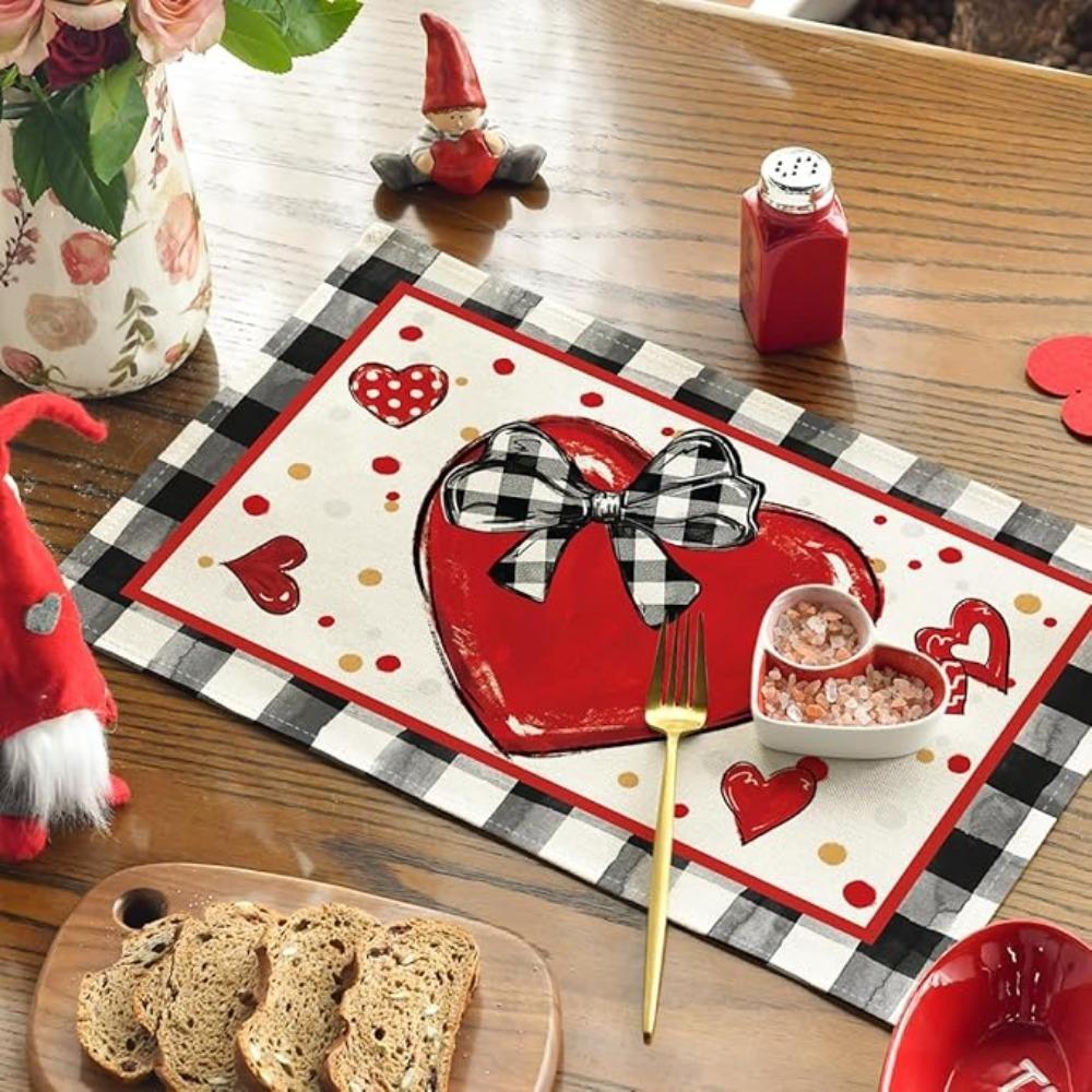 Buffalo Plaid Red Heart Valentine's Day Placemats Table Runner Seasonal Bow Tie Table Mats for Party Kitchen Dining Decoration