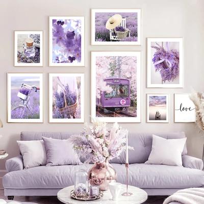 Lavender Wreath Train Bike Purple Landscape Wall Art Nordic PostersCanvas Painting  And Prints Wall Pictures Living Room Decor