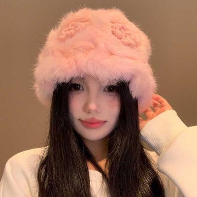Cute Pink Rabbit Fur Plush Flower Knitted Hat Children Autumn and Winter Thickened Warm Hat Showing Face Small Fur Hat