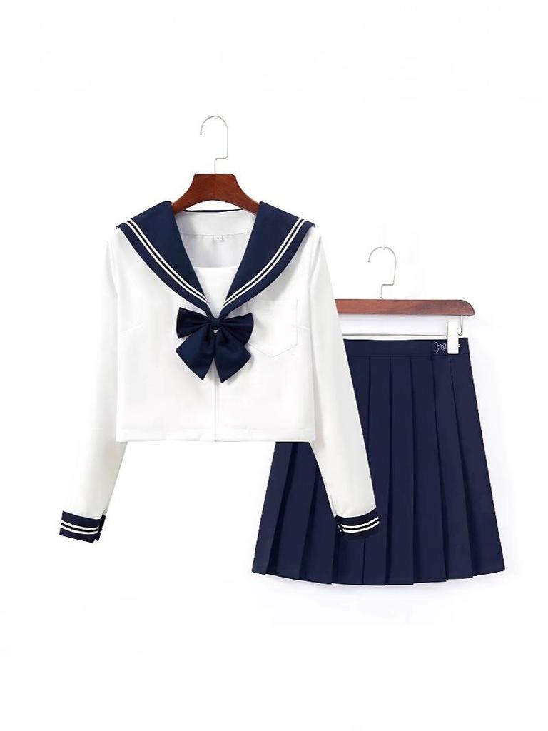 Navy Collar White Sailor Suit JK Uniform Set with Skirt