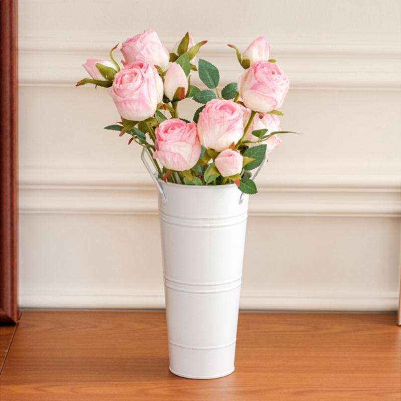 Farmhouse French Flowers Bucket with Handle Metal Flower Holder for Home Table Centerpieces Galvanized Metal Vases