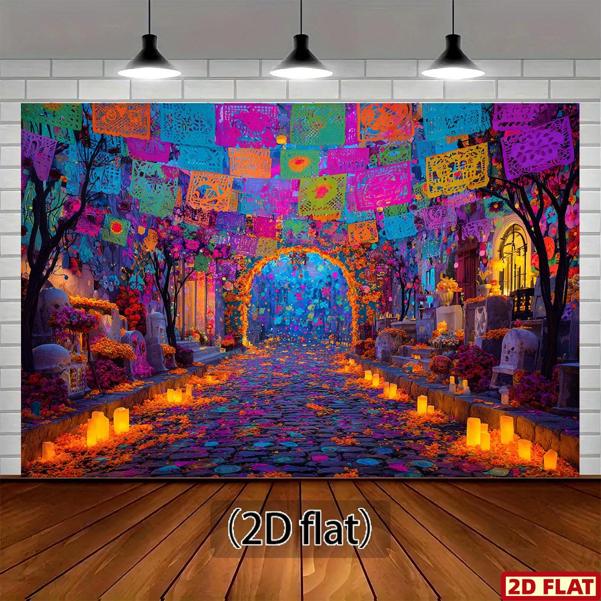 1 Mexican Folk Art Day of the Dead BackdropRealistic Mexican folk art paper-cut flagcolor-coded cemetery paths and altar arches 100x150cm