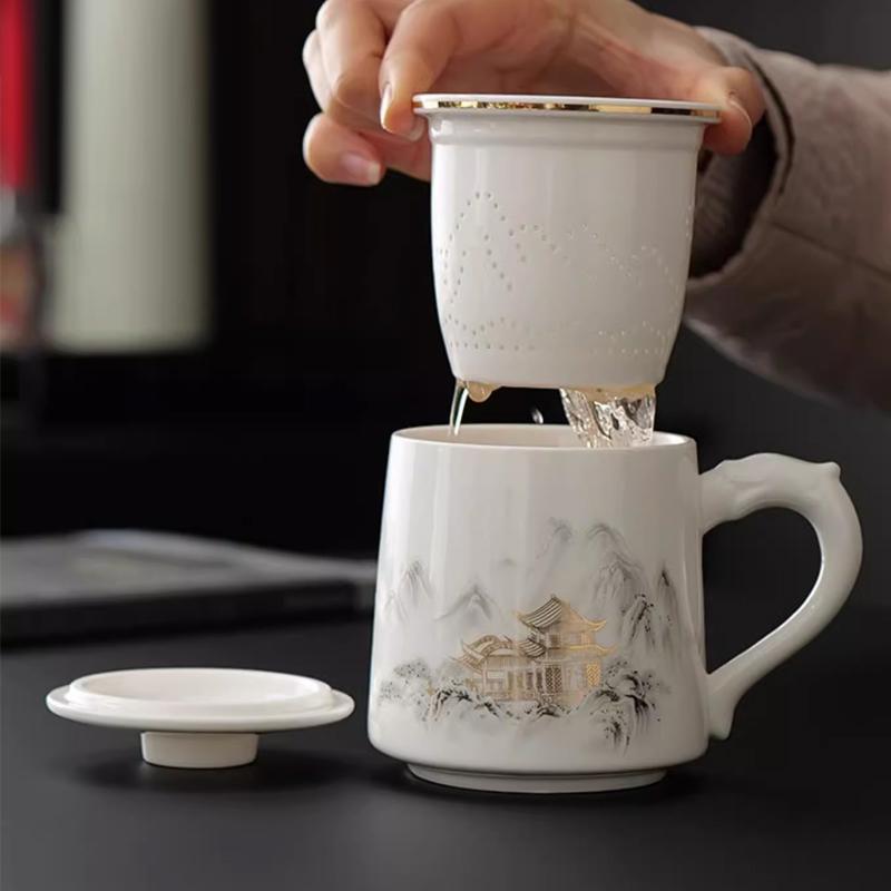 Chinese Style Pattern Tea Filtering and Separation Cup, With Cover White Porcelain Personal Mug, Home Drinkware Ceramic Cup, 1Pc