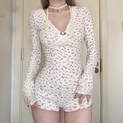 Lace Sweet Floral Jumpsuit Slim Fit Deep V Neck Long Sleeve Jumpsuit Women's Autumn and Winter Home Clothing Women's Pajamas