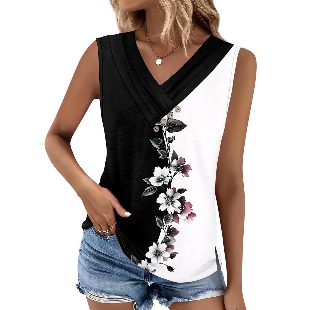 Women's Print Tank Top Button-down V-neck T-shirt Sleeveless Loose Fashion Top