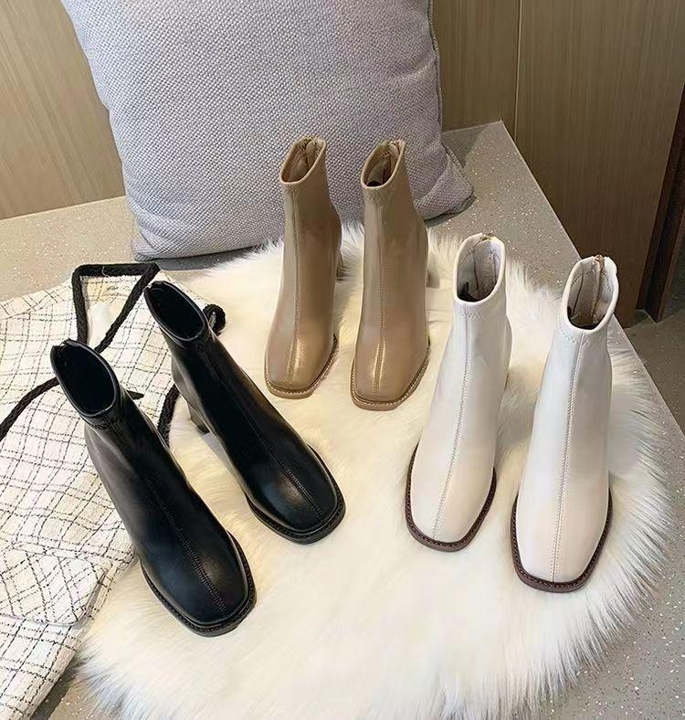 Women's French Skinny Martin Boots - 2025 Autumn/Winter, Chunky Heel, Square Toe, Short Tube, Korean Style, Fashionable, Versatile, Slimming.