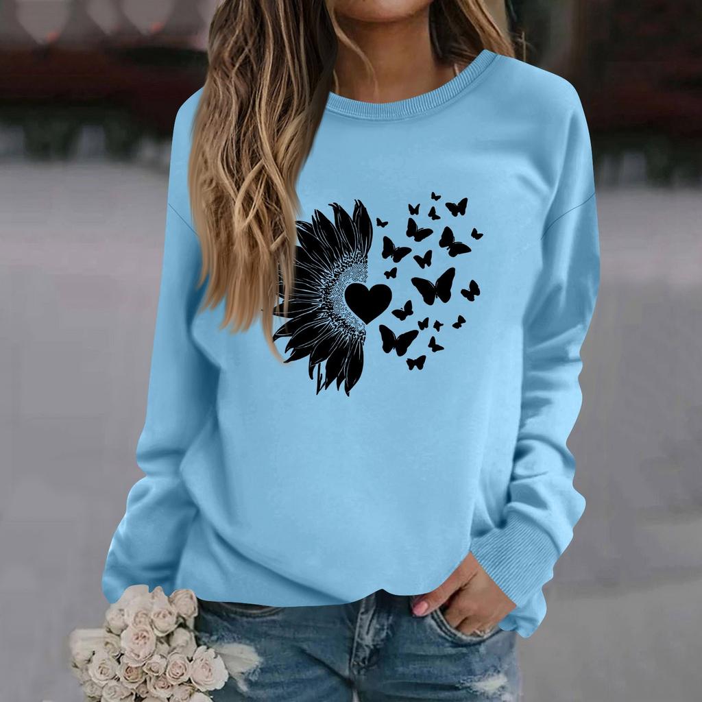 Damenmode Lässig Langarm Einfarbig Bedruckt Rundhals Oberteil Sweatshirt