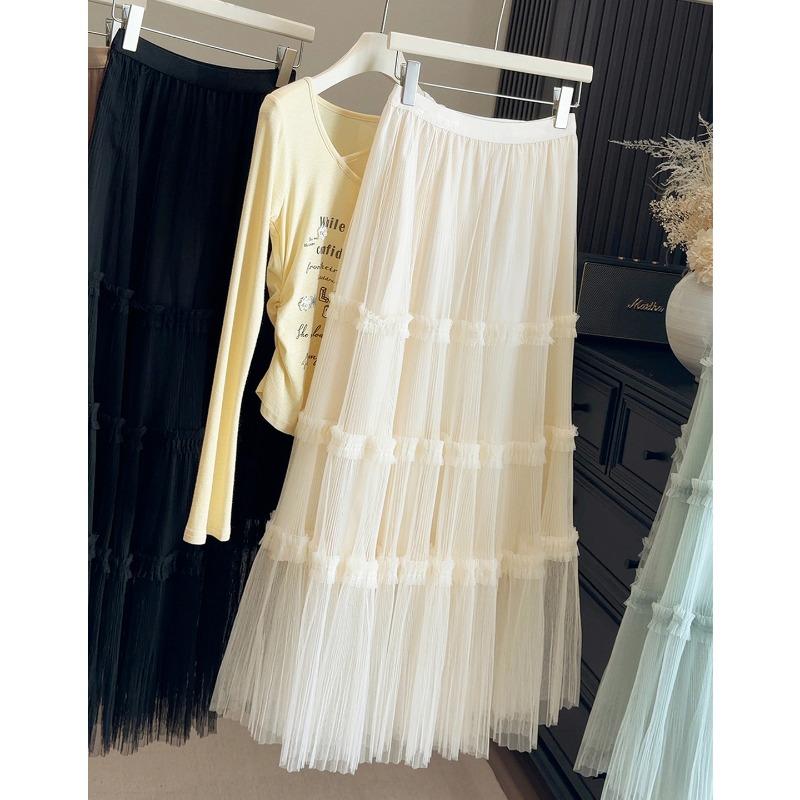 Gentle wind multi-layer fungus edge mesh cake skirt girl spring new temperament thin medium and long elegant fairy skirt
