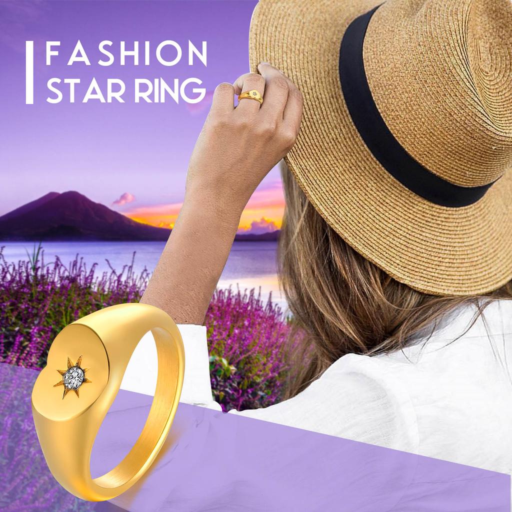 Edelstahl Sonnenschein Siegelring Pinky Ring, Zirkonia Inlay Ring Vergoldet, Anlaufgeschützter Modeschmuck