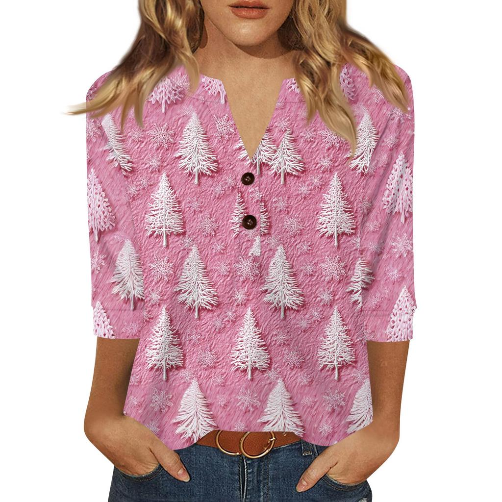 Women's T Shirt Christmas Print Button 3/4 Sleeve Daily Weekend Fashion Basic V- Neck Regular Top