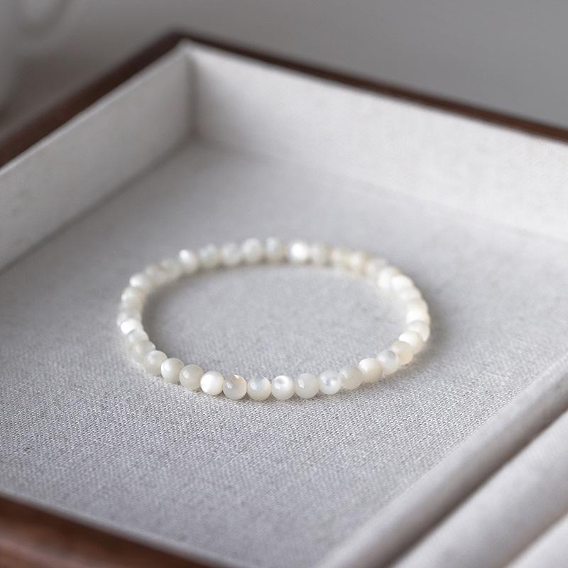

White Pearl Natural White Shell Bracelet with Elastic Cord, Hand-polished, Authentic, Fresh Style for Women 4mm