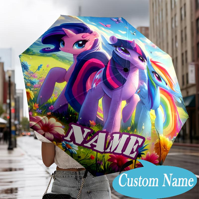 Custom Name Rainbow Pony Umbrella, 8-Rib Folding Umbrella, Lightweight Portable Design for Lovers, Friends, Perfect Gift for Birthdays