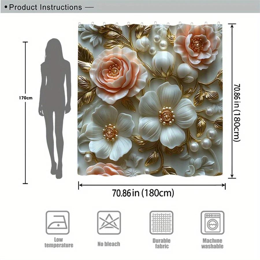 Baroque Roses Shower Curtain - Peach & Ivory, 3D Floral Art, White Background, Machine Washable, 12 Hooks, Elegant Bath Decor