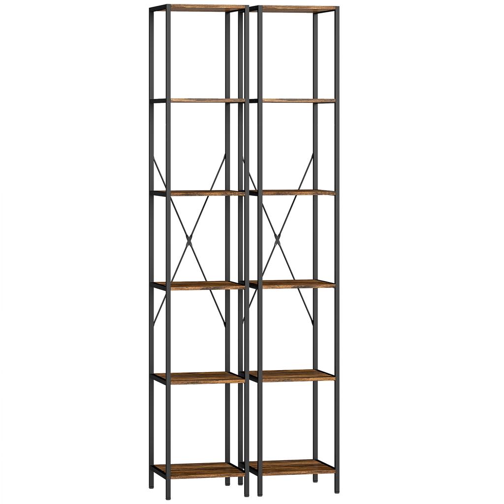 Set of 2 6-Level Bookshelves, Steel Frame, for Living Room, Office, Bedroom, Rustic Brown