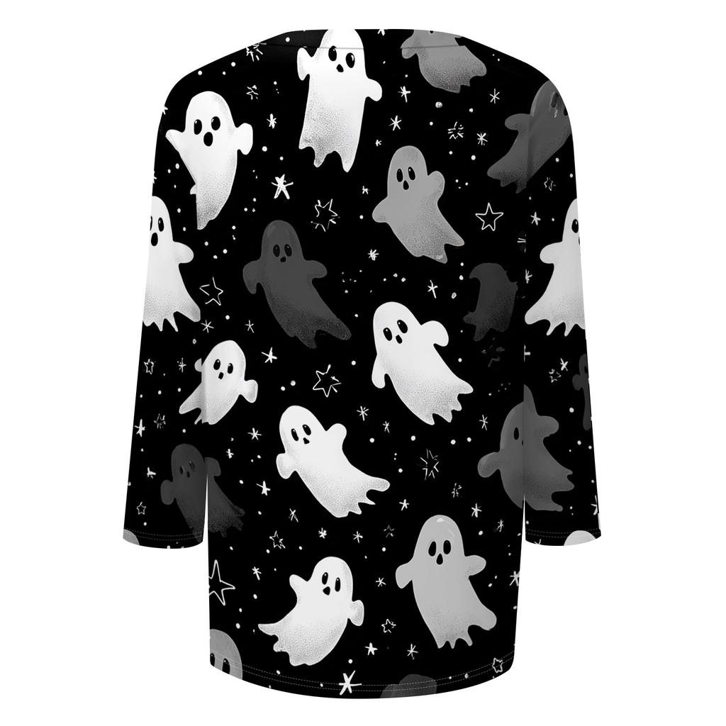 Women's Casual Round Neck Three Quarter Sleeve Halloween Print T Shirt Top Lightweight Soft Fabric Comfortable Fit