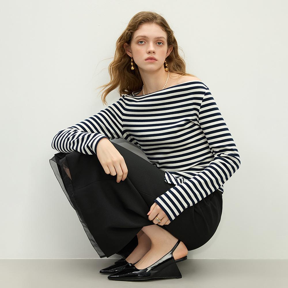 WEDNESDAY DELIGHT Wd_Off Shoulder Striped Long Sleeve Top