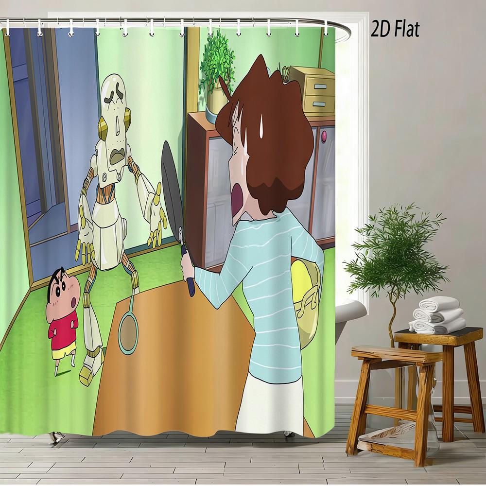 Crayon Shin-Chan Cheese & Shiro 2D Print Waterproof Shower Curtain, Cute Cartoon Bathroom Decor With Hooks