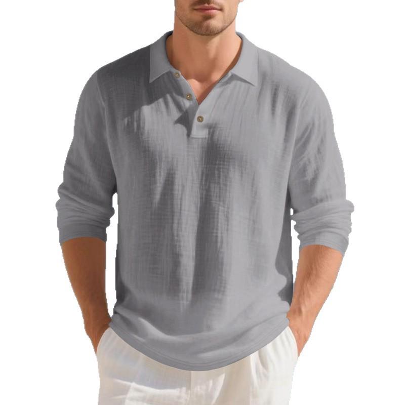 Men's Solid Color Lapel Long Sleeve Polo Shirt Loose Casual Business.
