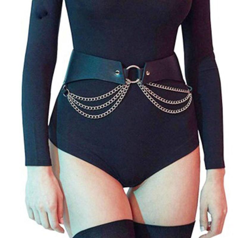 Gothic Waist Chain Alloy and PU Leather Body Chains with Multi Layer Chain Decor Body Straps Accessories for Women Girl