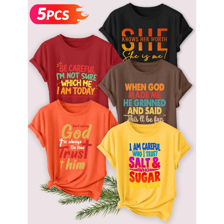 Five-piece set Elegant short-sleeved shirt for women Women s Inspirational Faith Series Printed Round Neck Short Sleeve T-Shirt Suitable for Spring S