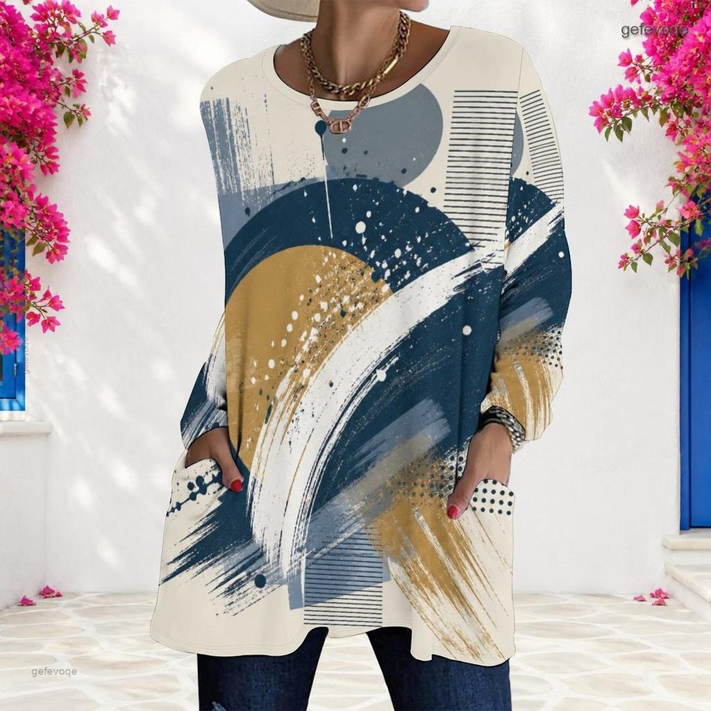 Women Plus Size Round Neck Long Sleeve Abstract Printed Loose Longline T Shirt With Pockets