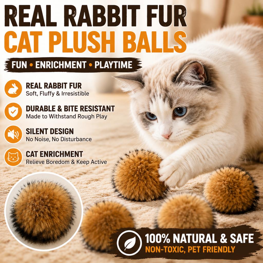 Pelota de Juguete para Gatos de Pelo de Conejo Silenciosa Juguete Interactivo de Enriquecimiento para Gatos de Interior Duradera Resistente a la Mordida Pelo Natural de Conejo