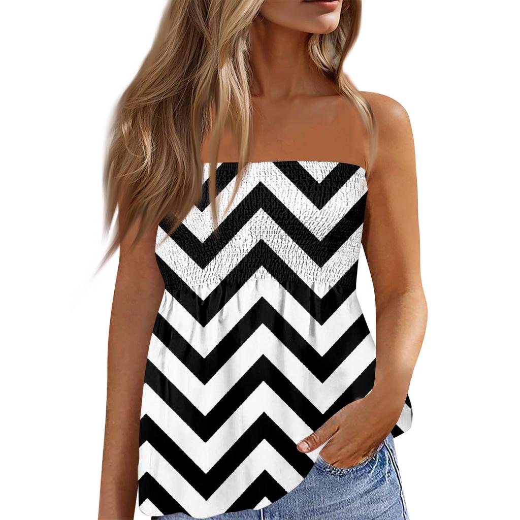 2024 Tube Tops For Women,Cute Sexy Off Shoulder Striped Print Sleeveless T-Shirt