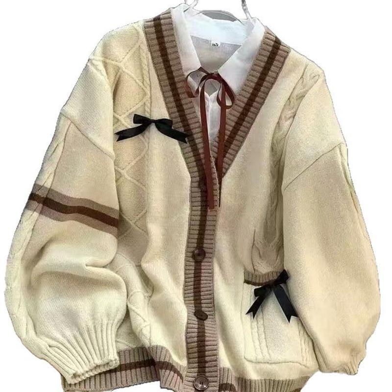 Cardigan Dolce Casual con Fiocco Donna Autunno Inverno Stile Giapponese Classico Preppy Cappotti Lavorati a Maglia Y2K Vintage Colore a Contrasto Top con Scollo a V