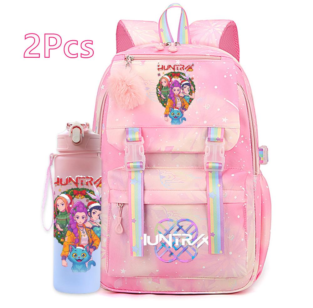 2Pcs/set Christmas K-pop Printed Backpack with 750Ml Water Bottler Large Capacity Travel Bag for Teenager Girl Boy Waterproof Bookbag Kid Gift Rucksak