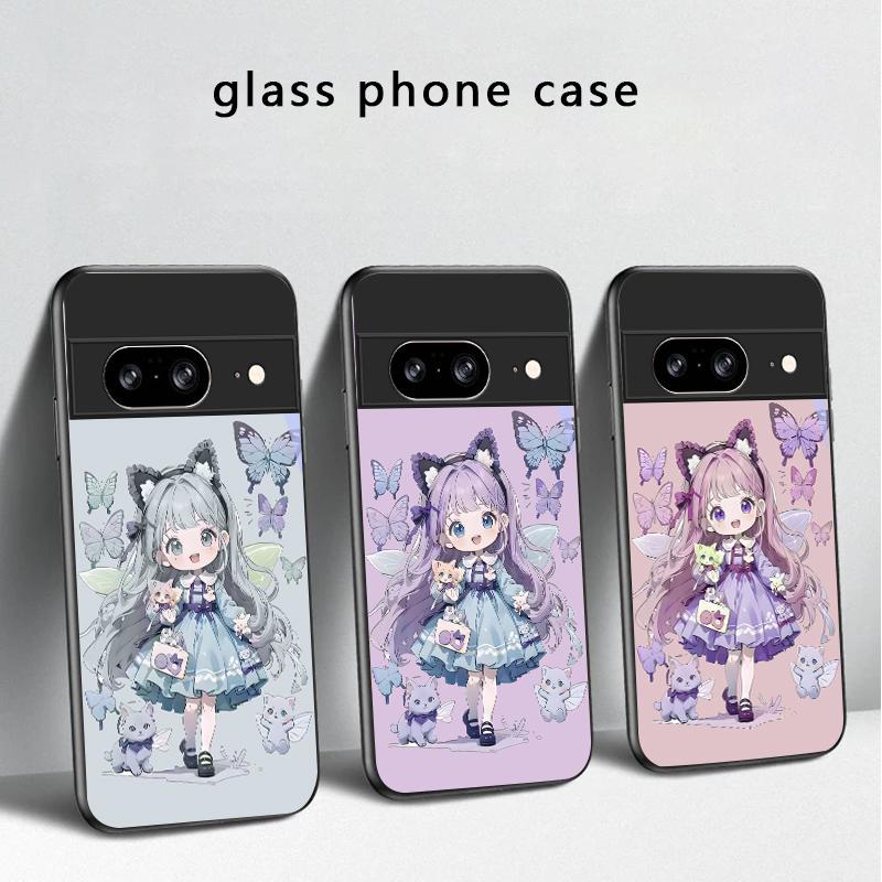 Q-version Blue Butterfly For Google Pixel 8 7 9 10 Pixel 10 Pro XL Pixel 9 Pro XL Pixel 8a 7a Pixel 7 Pro Black Glass Phone Case