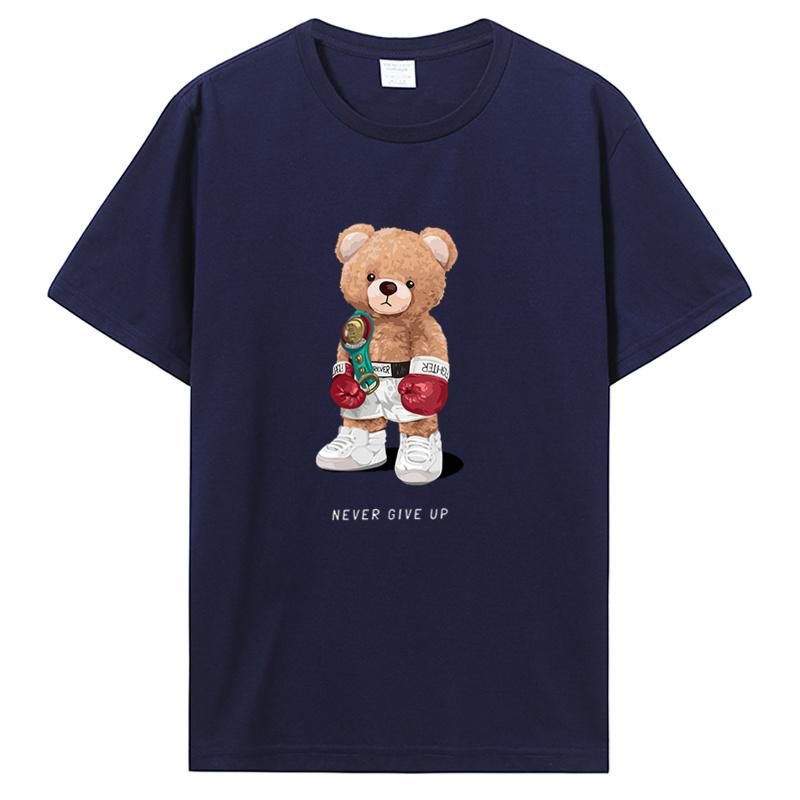 Strong Boxer Teddy Bear Never Give Up Print Men T-shirt Summer Short Sleeve Cotton Basic Tops Tees TShirt Streetwear Clothes