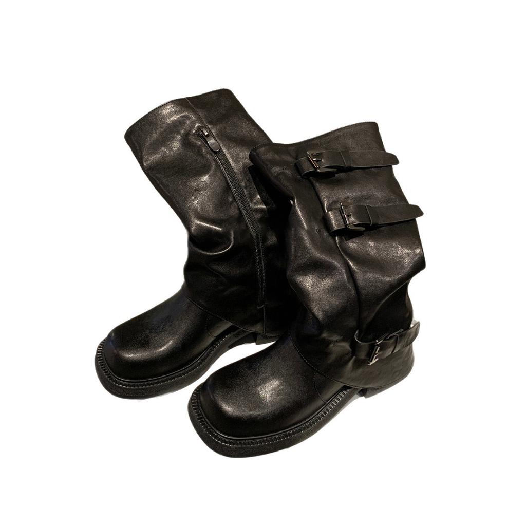 Height increase of 6cm~ 2025 Spring and Autumn new fashionable belt buckle square round head pleated medium tube knight boots women's autumn