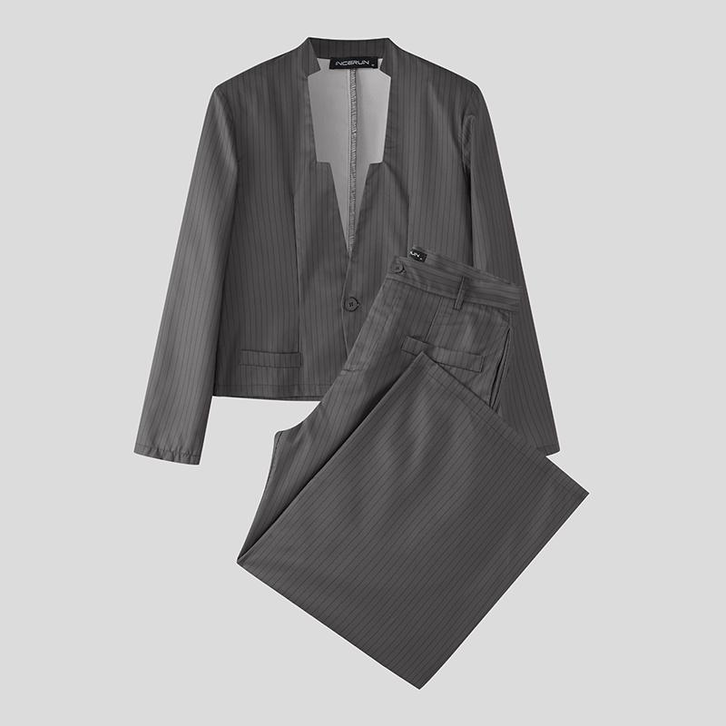 INCERUN Мужские полосатые комплекты с вырезами, укороченные топы и длинные брюки, повседневные костюмы XL